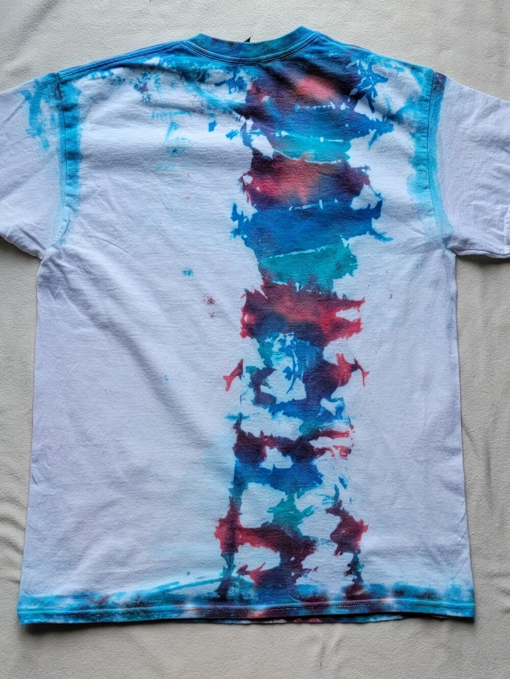 Gildan White Tee with Blue & Red Tie-Dye Splatter